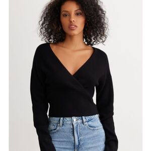 Dynamite Black V-Neck Sweater with Puff Sleeves